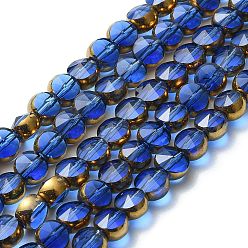 Medium Blue Half Plated Electroplate Transparent Glass Beads Strands, Antique Bronze Plated, Flat Round, Faceted, Medium Blue, 6x5mm, Hole: 1.2mm, about 50pcs/strand, 11.22''(28.5cm)