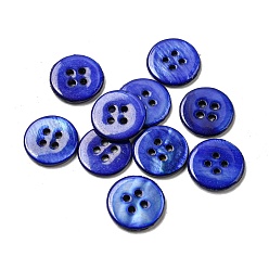 Blue Freshwater Shell Buttons, 4-Hole, Flat Round, Blue, 14x1.7~2.2mm, Hole: 1.6mm
