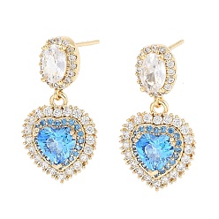 Light Gold Boucles d'oreilles pendantes en laiton et verre bleu ciel, cœur, or et de lumière, 23.5x12mm