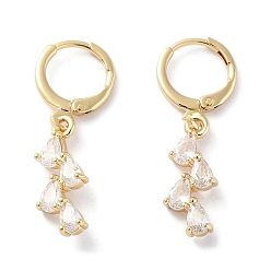 Clear Rack Plating Brass Leverback Earrings, Teardrop Cubic Zirconia Dangle Earring for Women, Golden, Clear, 30.5x7.5mm