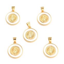 White Brass Enamel Pendants, Cadmium Free & Lead Free, Long-Lasting Plated, Flat Round with Virgin Mary, Real 18K Gold Plated, White, 18x16x2.5mm, Hole: 4.5x3.5mm
