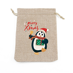 Penguin Rectangle Christmas Themed Burlap Drawstring Gift Bags, Gift Pouches for Christmas Party Supplies, BurlyWood, Penguin, 14x10cm