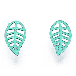 Turquoise Leaf Spray Painted 430 Stainless Steel Cabochons, Nail Art Decorations Accessories, Turquoise, 5.5x3x0.3mm