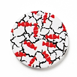 Red Printed Acrylic Pendants, Flat Round with Candy Pattern, Red, 29.5x2mm, Hole: 1.5mm