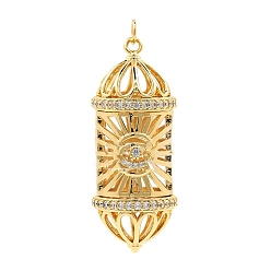 Clear Brass Bead Cage Pendants, Column with Cubic Zirconia, Golden, Clear, 46x16mm