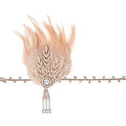 PeachPuff Feather Hippie Headband Floral Crown,with Alloy Chain & Rhinestone, Wedding Party Beach Bridal Decorative Hair Accessories, PeachPuff, 220~1170x9~145x22mm, 2pcs/set