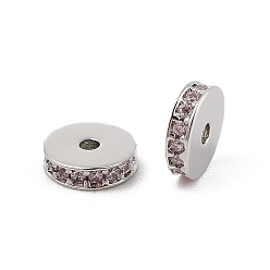 Pink Стойки обшивки латунь микро проложить кубического циркония бусы, долговечный, без свинца и без кадмия, Плоский круглый / диск, Реальная платина, розовые, 8x2.3 мм, отверстие : 1.2 мм