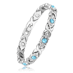Stainless Steel Color Aquamarine Rhinestone Oval Link Chain Bracelet, Stainless Steel Watch Band Bracelet for Women, Stainless Steel Color, 8-5/8 inch(22cm)