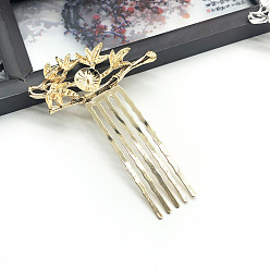 Light Gold Alloy Hair Comb Finding, Flat Round Cabochon & Enamel Settings, with Iron Comb, Flower, Light Gold, 68x50mm