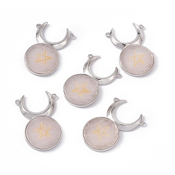 Rose Quartz Natural Rose Quartz Connector Charms, Cattle Head Links with Star, with Rack Plating Platinum Tone Brass Findings, Cadmium Free & Lead Free, 47.5x31.5x5mm, Hole: 2mm