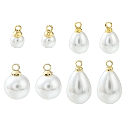 Real 18K Gold Plated 8Pcs 4 Styles ABS Plastic Imitation Pearl Charms, with Brass Findings, Round & Teardrop, Real 18K Gold Plated, 10~17x6~9.5x6~10mm, Hole: 1.6mm, 2pcs/style