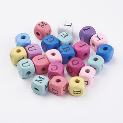 Mixed Color Natural Wood Printed Beads, Horizontal Hole, Dyed, Cube with Initial Letter, Mixed Color, 10x10x10mm, Hole: 3~4mm, about 1060pcs/500g