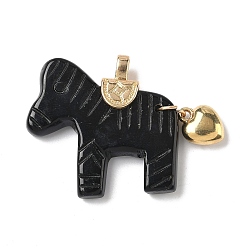 Обсидиан Резные подвески из натурального обсидиана, Подвески в виде лошади с латунным сердцем, золотые, 37.5~38.5x38.5~42x8~8.5 мм, отверстие : 5.5x3.5 мм