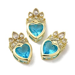 Deep Sky Blue Rack Plating Brass Cubic Zirconia Pendants, with Glass, Long-Lasting Plated, Lead Free & Cadmium Free, Real 18K Gold Plated, Heart, Deep Sky Blue, 21.5x13x8mm, Hole: 6x3mm and 4.5x3mm
