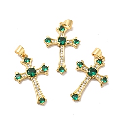 Green Rack Plating Brass Micro Pave Cubic Zirconia Pendants, Long-Lasting Plated, Lead Free & Cadmium Free, Cross Charm, Real 18K Gold Plated, Green, 30x19x3.5mm, Hole: 4X5mm