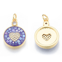 Medium Purple Natural Abalone Shell/Paua Shell Pendants, with Brass Micro Pave Clear Cubic Zirconia Findings and Jump Rings, Dyed, Nickel Free, Real 18K Gold Plated, Flat Round with Heart Charm, Medium Purple, 19.5x14x3.5mm, Jump Rings: 5mm in diameter, 1mm thick, 3mm inner diameter