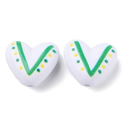 Green Printed Opaque Acrylic Beads, Heart, Green, 15x17x8mm, Hole: 1.8mm