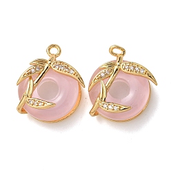 Pink Латунные микропаве прозрачные подвески с фианитом, со стеклом, реальный 18 k позолоченный, плоский круглый с подвесками в виде листьев, розовые, 18x14.5x8.5 мм, отверстие : 1.6 мм