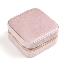 Pink Square Velet Zipper Jewelry Set Boxes, Travel Portable Mirror Jewelry Case, for Necklace Ring Earring Pendant Storage Case, Pink, 10x10x5cm