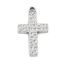 Stainless Steel Color 304 Stainless Steel Pendants, Textured, Cross Charm, Stainless Steel Color, 29x17x2.5mm, Hole: 2mm