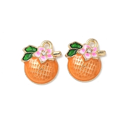 Оранжевый Подвески из эмали и сплава, золотой свет, без кадмия, без никеля и без свинца, стойки покрытие, фрукты с цветочным очарованием, оранжевые, 16x13.5x4.5 мм, отверстие : 1.8 мм