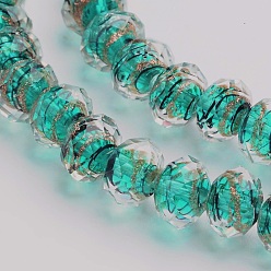 Cyan Handmade Gold Sand Lampwork Rondelle Beads Strands, Faceted, Cyan, 12x9mm, Hole: 1mm, 40pcs/strand, 14.2~15.4 inch
