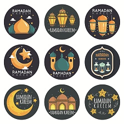 Mixed Patterns 9 Patterns Dot Round Ramadan Kareem Them Paper Stickers, Self-Adhesive Paper Gift Tag Stickers, for Party, Gift Decoration, Mixed Patterns, 40mm, 90pcs/set