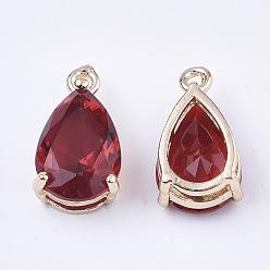 Red Transparent Glass Charms, with Brass Findings, Faceted, Teardrop, Light Gold, Red, 15x8x6mm, Hole: 1.2mm