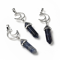 Sodalite Natural Sodalite Double Terminated Pointed Big Pendants, with Platinum Tone Brass Findings, Cadmium Free & Lead Free, Moon with Bullet, Faceted, 70~75mm, Hole: 4.6x8mm
