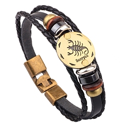 Scorpio Braided Cowhide Cord Multi-Strand Bracelets, Constellation Bracelet for Men, with Wood Bead & Alloy Clasp, Scorpio, 8-1/4 inch(21cm)