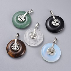 Mixed Stone Natural & Synthetic Mixed Stone Pendants, with Platinum Tone Brass Findings, Donut/Pi Disc with Tree of Life, 35.5x30x8.5~9.5mm, Hole: 4.5x6.5mm