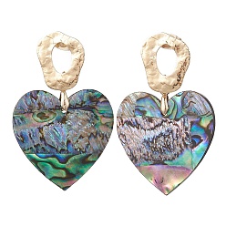 Золотой Серьги-гвоздики с подвесками из натуральной раковины пауа/морского ушка, с фурнитурой латунной для серег, сердце, золотые, 47x30 мм