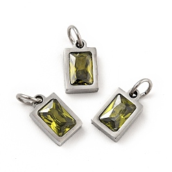 Olive Drab 304 Stainless Steel Pendants, with Cubic Zirconia and Jump Rings, Single Stone Charms, Rectangle, Stainless Steel Color, Olive Drab, 9.5x6x3mm, Hole: 3.6mm