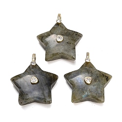 Labradorite Natural Labradorite Pendants, Star Charms, with Brass Pave Cubic Zirconia Findings, Golden, 30~32.5x31.5~34x11~12.5mm, Hole: 6x7mm