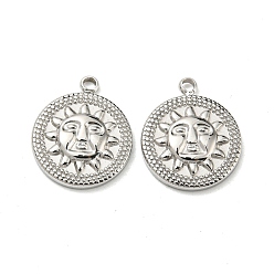 Stainless Steel Color 304 Stainless Steel Pendants, Flat Round with Sun Charm, Stainless Steel Color, 15x12x2.5mm, Hole: 1.2mm