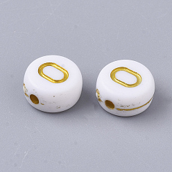 Letter O Plating Acrylic Beads, Golden Metal Enlaced, Horizontal Hole, Flat Round with Alphabet, White, Letter.O, 7x3.5mm, Hole: 1.2mm, about 3600pcs/500g