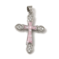 Pink Латунные микропаве прозрачные подвески с фианитом, с эмалью и ракушкой, крест прелести, без кадмия и без свинца, стойки покрытие, долговечный, платина, розовые, 30x20x2.5 мм, отверстие : 5x3.5 мм