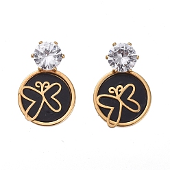 Golden 304 Stainless Steel Dangle Earrings, with Resin, Crystal Rhinestone and Ear Nuts, Flat Round with Butterfly, Golden, 17.5x12mm, Pin: 0.6mm
