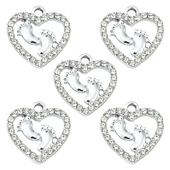 Crystal Alloy Rhinestone Pendants, Platinum Tone Hollow Out Heart with Footprint Charms, Crystal, 18x17.5x2.4mm, Hole: 2mm