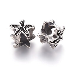 Antique Silver 304 Stainless Steel European Beads, Large Hole Beads, Starfish/Sea Stars, Antique Silver, 11x12x8.5mm, Hole: 5mm