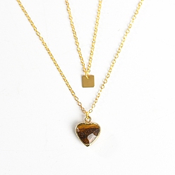Tiger Eye Golden Alloy Double Layer Necklace, Natural Tiger Eye Heart & Alloy Square Tag Pendants Necklace, Pendant: 15mm