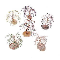 Mixed Stone Natural Gemstone Chips and Natural Agate Pedestal Display Decorations, Healing Stone Tree, for Reiki Healing Crystals Chakra Balancing, with Rose Gold Plated Brass Wires, Lucky Tree, 54~72x89~112x107~112mm