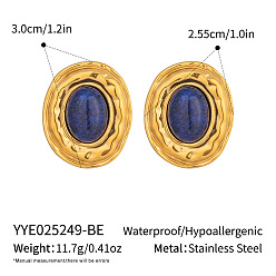 Ляпис-Лазурь 304 овальные серьги-гвоздики из нержавеющей стали, с природными лазурита, золотые, 30x25.5 мм