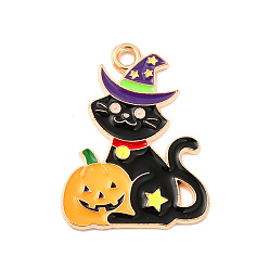 Cat Shape Halloween Theme Alloy Enamel Pendants, Light Gold, Cat Pattern, 25x19x1.5mm, Hole: 1.8mm