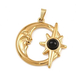 Black Onyx Подвески из натурального черного оникса (окрашенные и нагретые), Луна и звезда 304 подвески из нержавеющей стали в оправе, золотые, ионное покрытие (ip), 30x29x5 мм, отверстие : 6x3 мм