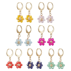 Mixed Color 7 Pairs 7 Colors Golden Alloy Leverback Earrings, Flower Glass Drop Earrings, Mixed Color, 29.5~30x11~12mm, 1 Pair/color