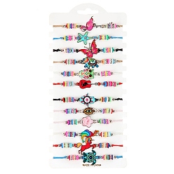 Flamingo Shape 12Pcs 12 Style Colorful Alloy Link Bracelets Set, Polymer Clay Heishi Beaded Adjustable Bracelets for Women, Flamingo Shape, No Size, 1Pc/style
