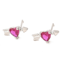 Fuchsia Heart with Arrow Platinum Brass Stud Earrings, with Clear Cubic Zirconia, Long-Lasting Plated, Lead Free & Cadmium Free, Fuchsia, 6x13mm