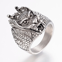 Antique Silver 304 Stainless Steel Finger Rings, Wide Band Rings, Dragon, Antique Silver, 17~23mm