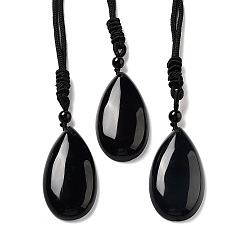 Obsidian Natural Obsidian Pendant Necklace with Nylon Cord for Women, Teardrop, 27.76~27.95 inch(70.5~71cm)